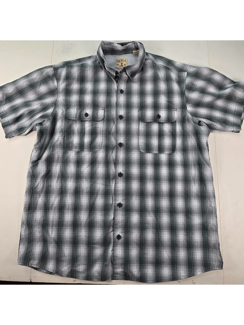 Red Head Fishing Shirt Mens Large XL Green Plaid Short Sleeve Button Down Hiking